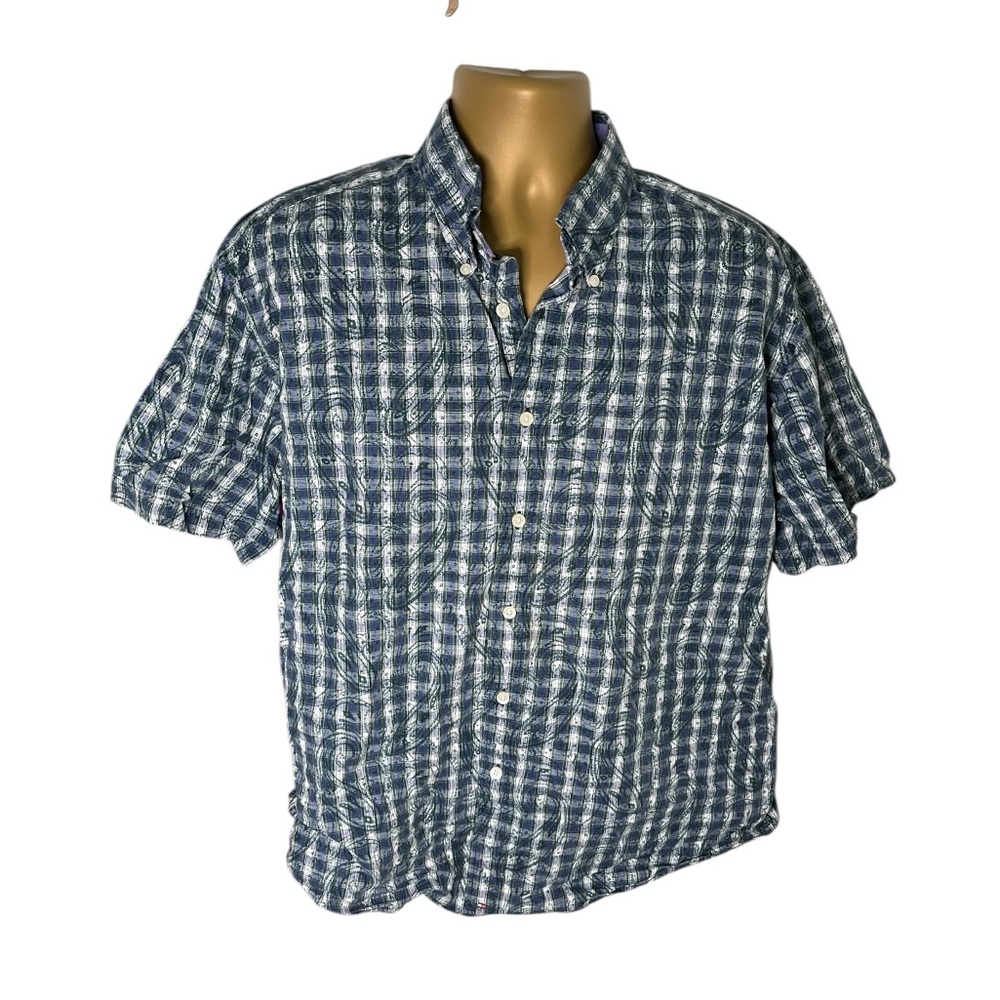 Tommy Hilfiger Casual Button Down Shirt Short Sleeve Plaid Paisley Print Blue XL